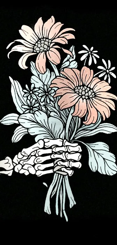 Skeleton hand holding colorful flowers on black background.