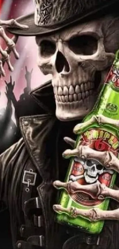 Skeleton in hat holding a green bottle with bold graphic design.