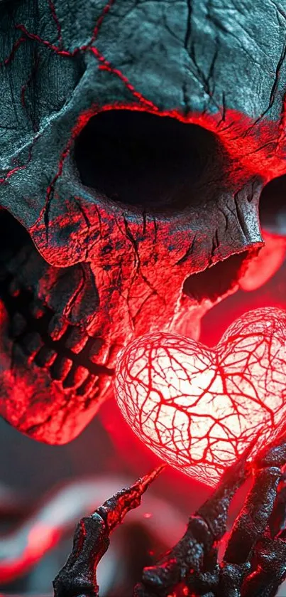 Skeleton holding a glowing red heart in a dark setting.