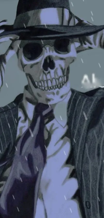 Dark skeleton in a suit with a fedora, artistic wallpaper.