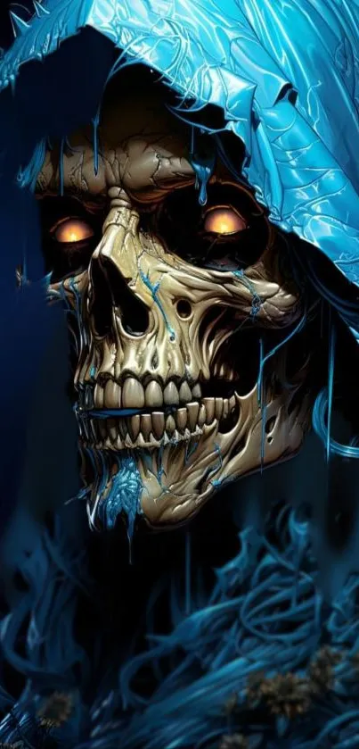 Skeleton in blue hood with glowing eyes on dark background.