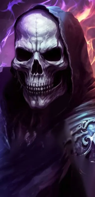 A hooded skeleton with fiery and mystical background.