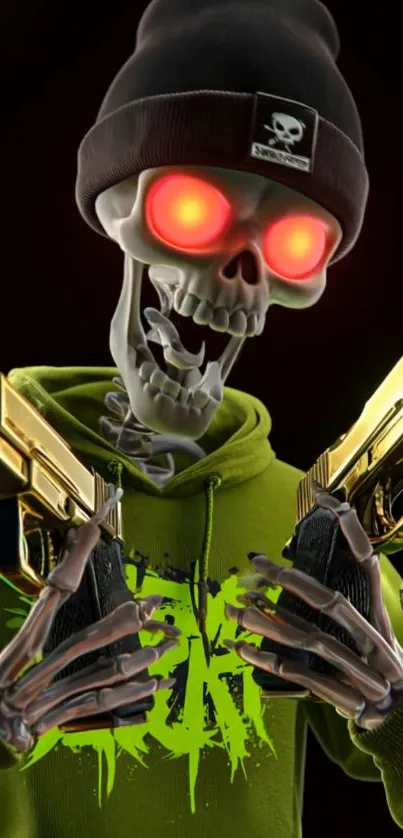 Skeleton wearing hoodie, holding guns with glowing eyes.