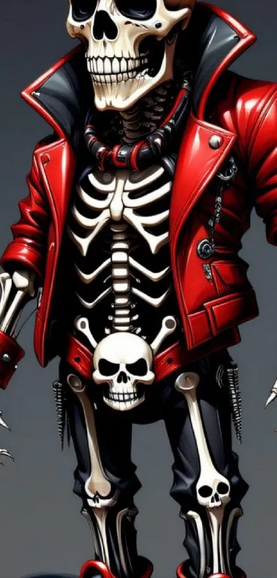 Skeleton in red leather jacket with rock style.