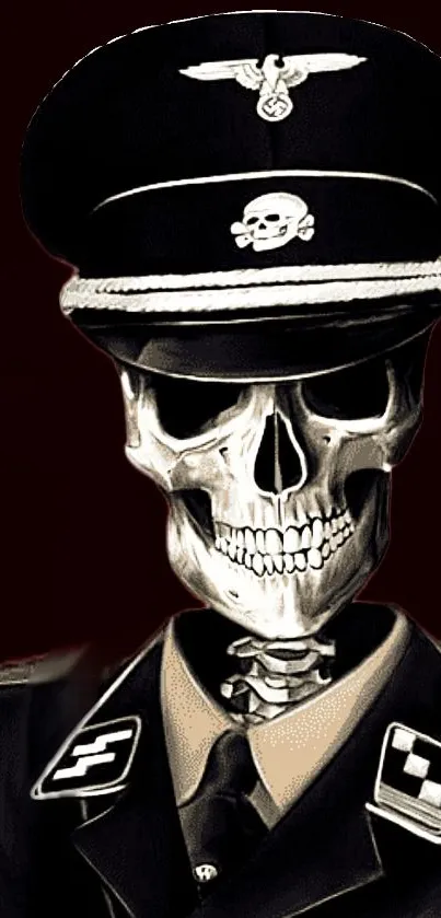 Skeleton in a military uniform with a dark background.