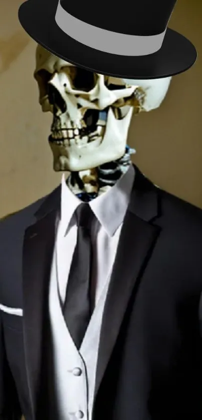 Skeleton in a suit with a hat, stylish artwork.