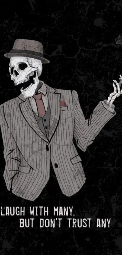 Skeleton in a suit with a quote on a dark background.