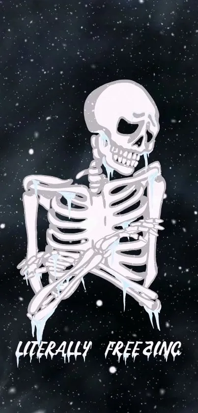 Cartoon skeleton shivering in cosmic snowy background.