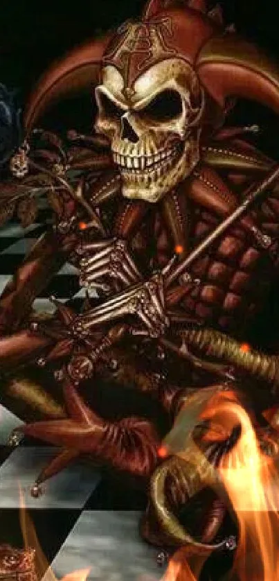 Skeleton jester sitting on a checkered floor with gothic detailing.