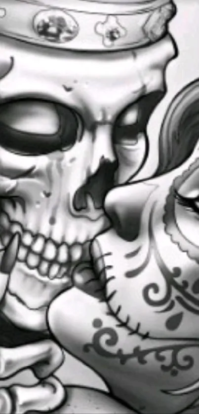 Artistic black and white skeleton kiss illustration.
