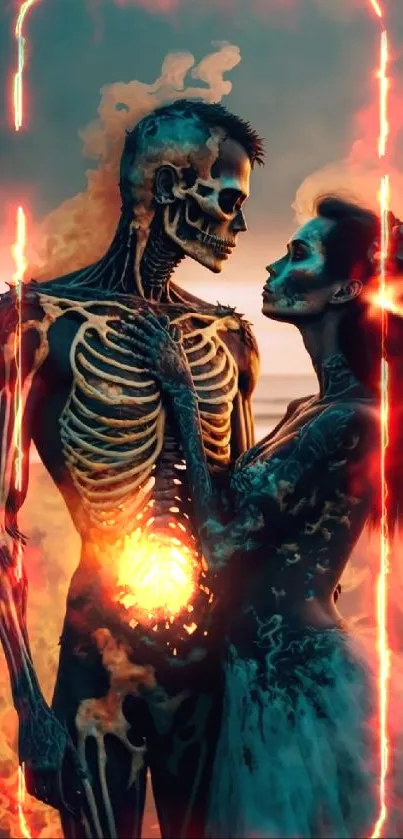 Skeleton couple in a fiery embrace at sunset on the beach wallpaper.