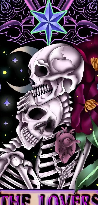 Skeleton lovers art with gothic elements in purple hues on mobile wallpaper.