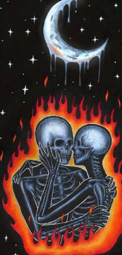 Skeleton lovers embrace in flames under a crescent moon.