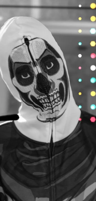 Monochrome skeleton mask wallpaper with colorful dots.