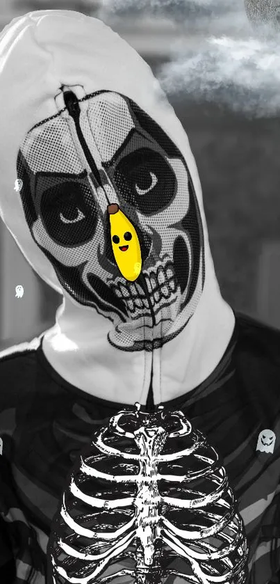 Skeleton mask mobile wallpaper with a yellow banana detail.