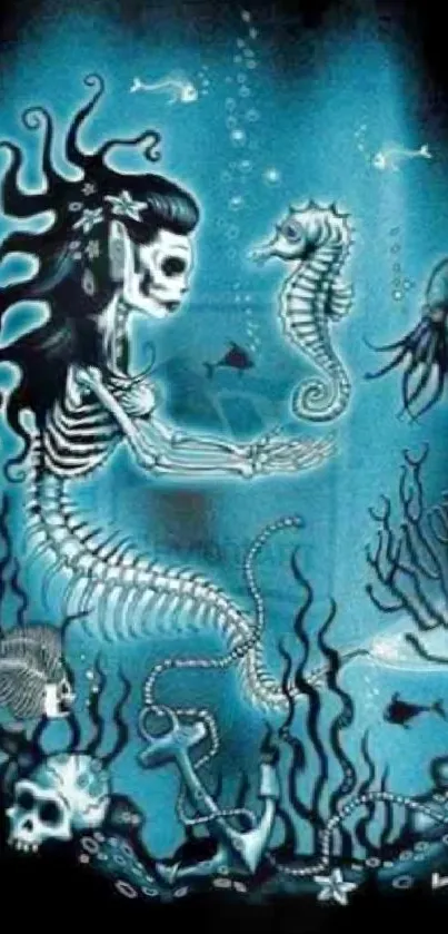 Artistic skeleton mermaid with sea life