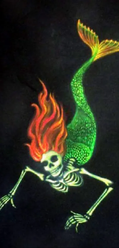 Skeleton mermaid on black background with vibrant colors.