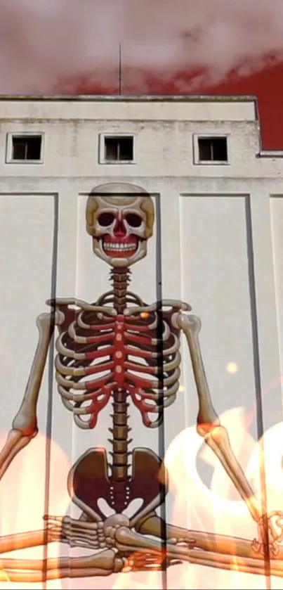 Skeleton mural on building with flames in front.