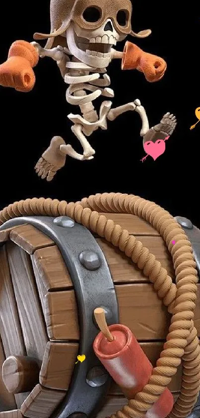 Cartoon skeleton jumps happily on a barrel.