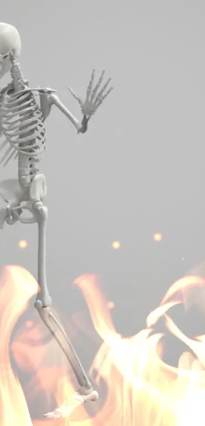 Skeleton dancing in flames on a minimalist mobile wallpaper.