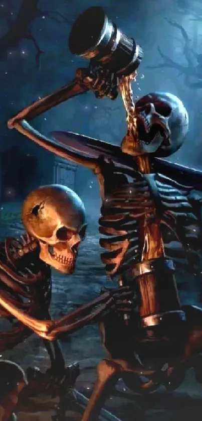 Two skeletons drinking in a dark, eerie forest scene.