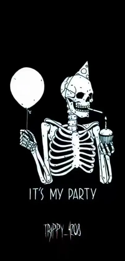 Skeleton holding a balloon and cupcake on dark background wallpaper.