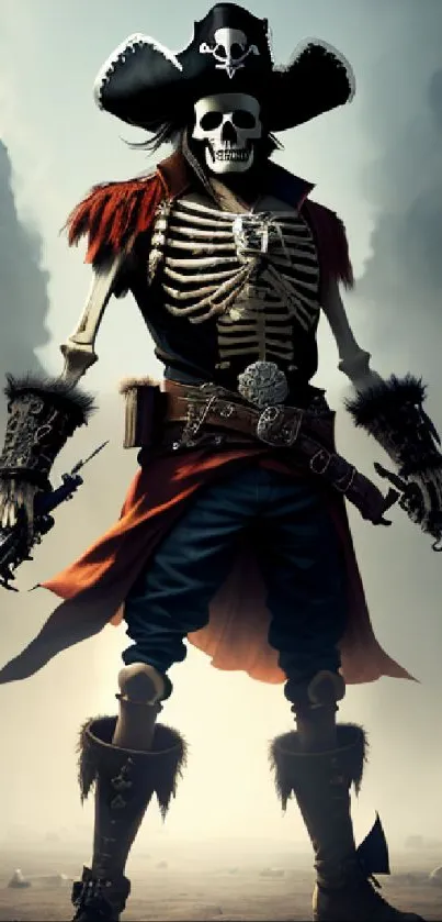 Skeleton pirate in costume under a cloudy sky.