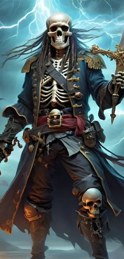 Skeleton pirate captain with swords in a stormy sky.