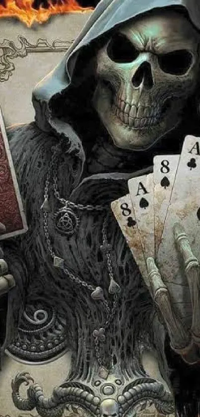 Skeleton holding playing cards with dark art style.