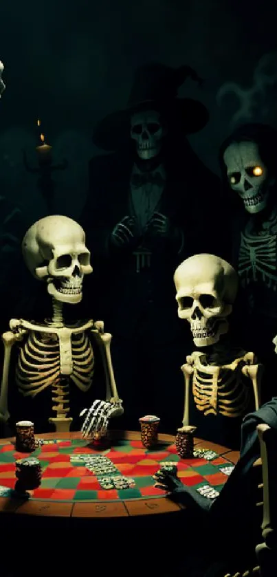 Skeletons playing poker in a dark, spooky setting on a wallpaper.