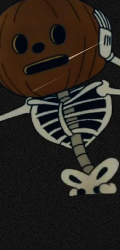 Phone wallpaper of a skeleton with a pumpkin head wearing headphones on a dark background.