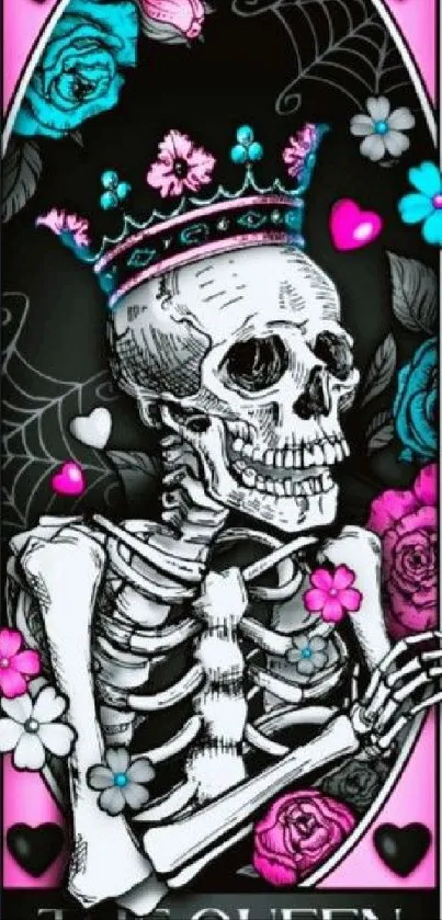 Gothic skeleton wallpaper with vibrant roses and crown.