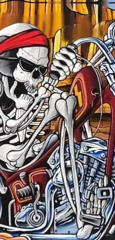 Skeleton riding motorcycle art with vibrant and edgy design.