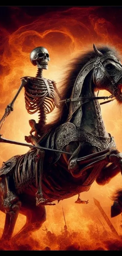 Skeleton rider on a fiery horse with an intense background.