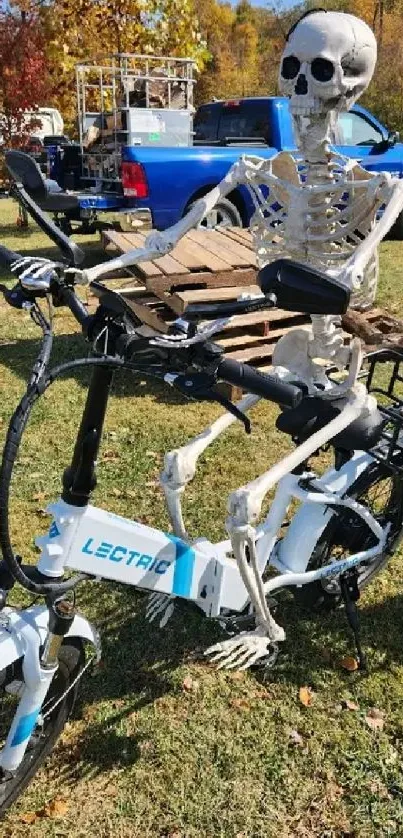 Skeleton humorously rides a bicycle in a vibrant park setting.