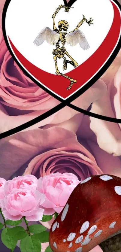 Fantastical wallpaper with skeleton, roses, and mushroom.