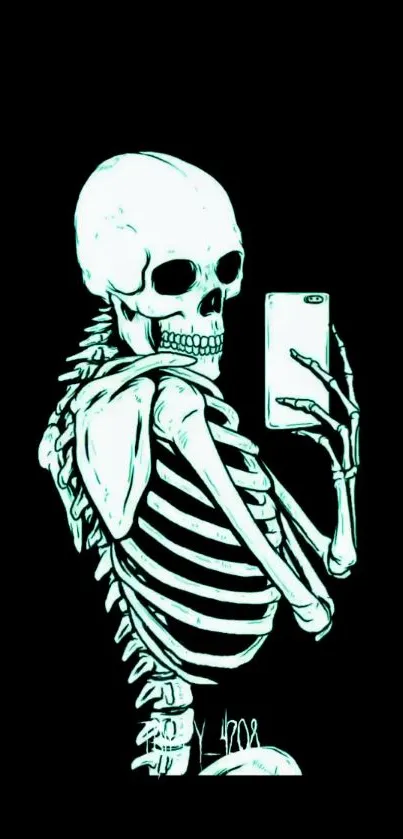 Skeleton holding phone in artistic style on black background.