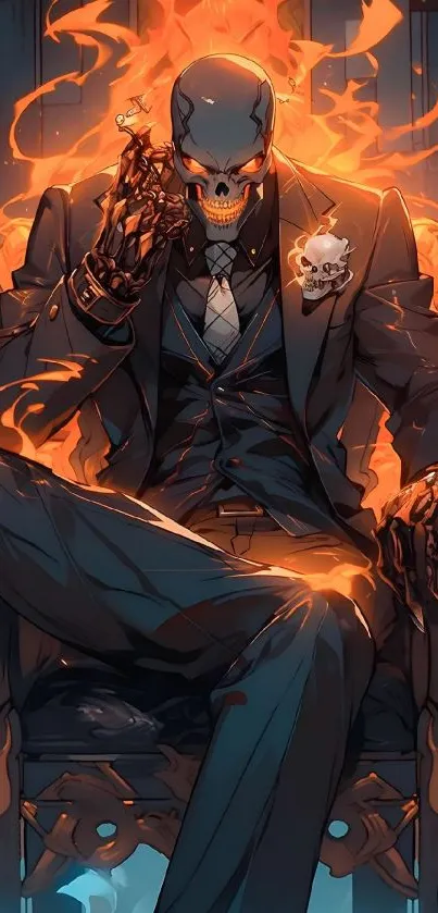 A skeletal figure in a flaming suit seated on a throne in a dynamic, dark art style.