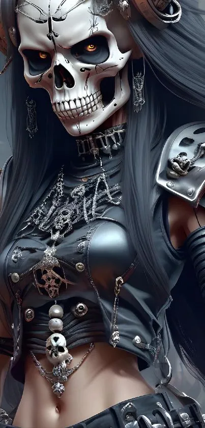 Gothic skeleton warrior in dark armor with a skull-themed design.