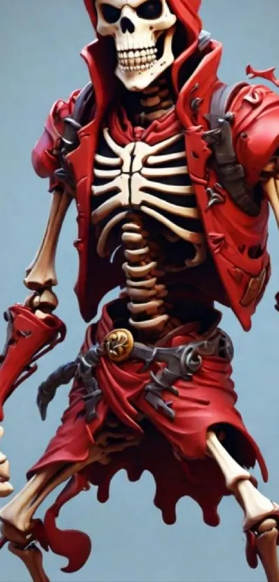 Skeleton warrior in red armor digital art illustration.