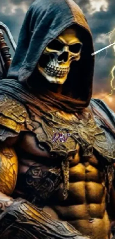 Epic skeleton warrior in hooded armor with lightning background.