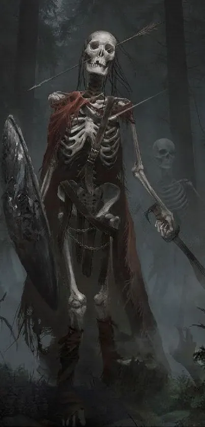 Skeleton warriors in a dark forest scene with eerie atmosphere.