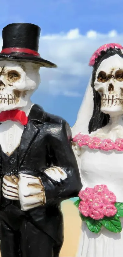 Skeleton couple in wedding attire on a tropical beach.