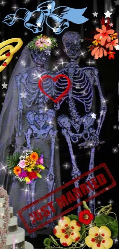 Skeletons with wedding decorations and flowers create a unique mobile wallpaper.