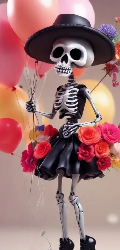 Skeleton with balloons and flowers in vibrant colors.
