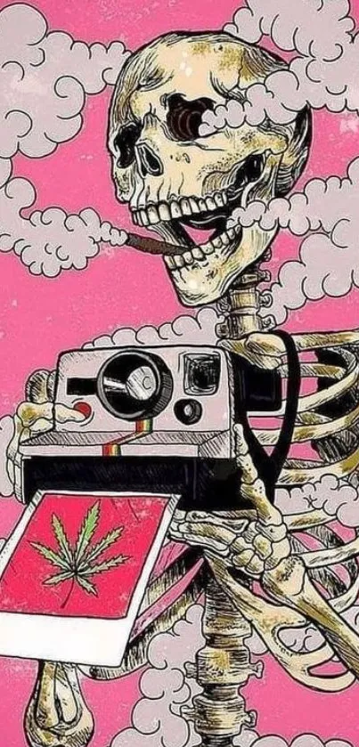 Artistic skeleton with camera on pink background.