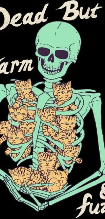 Mint green skeleton with orange cats on black background.