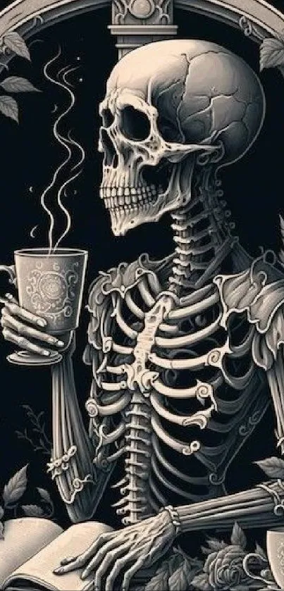 Skeleton holding coffee in gothic artwork, framed with ornate design.