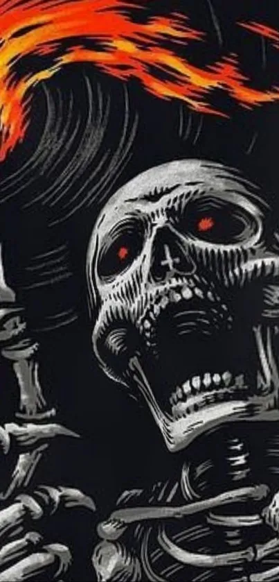 Skeleton holding fiery torch on dark background.