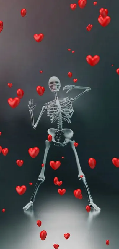 Artistic skeleton with red hearts on a dark background.